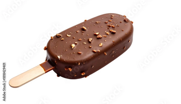 Fototapeta Close-up of a chocolate-covered ice cream bar with nuts, on a wooden stick (1)