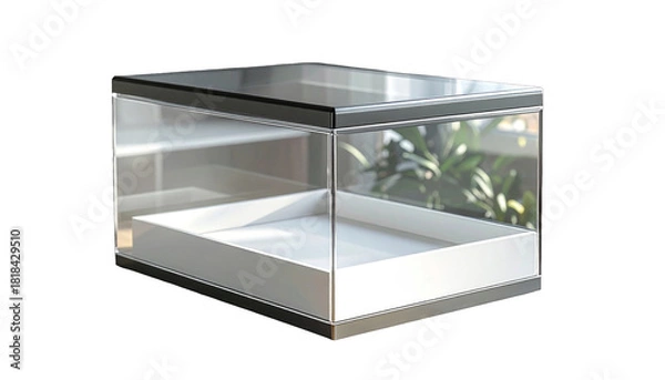 Fototapeta A clear display case with shelves, reflecting sunlight, revealing greenery