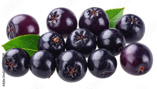 Fototapeta Close-up of glossy, dark purple berries with green leaves, arranged in a cluster