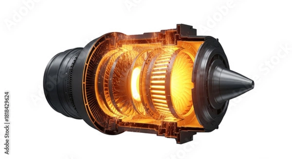Obraz Detailed cutaway view of a powerful jet engine with internal components glowing hot, illustrating its complex operational mechanism.