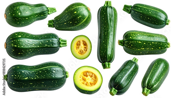 Fototapeta Assortment of fresh, green, and oblong vegetables; some sliced open