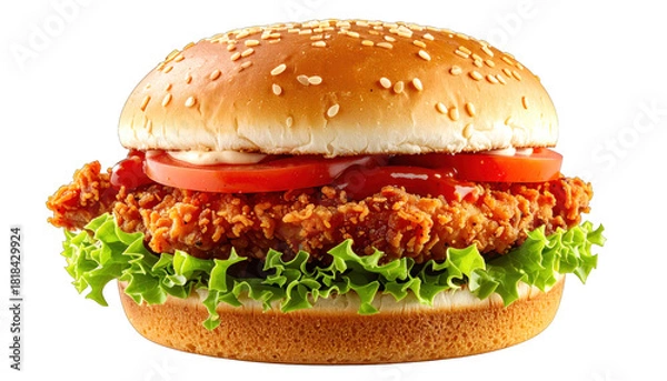 Fototapeta A delicious, close-up photo of a fully loaded crispy chicken sandwich on a bun
