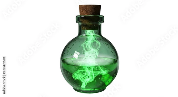 Obraz A small, round, green glass bottle with a cork stopper containing a glowing, swirling green liquid, resembling a magical potion or elixir.