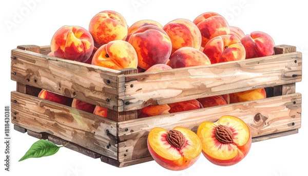 Fototapeta Watercolor illustration of a wooden crate overflowing with ripe, juicy peaches, and one sliced