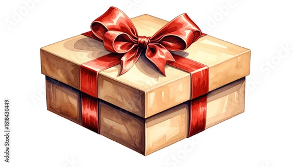 Fototapeta Watercolor-style gift box tied with a vibrant red ribbon bow, on a black background