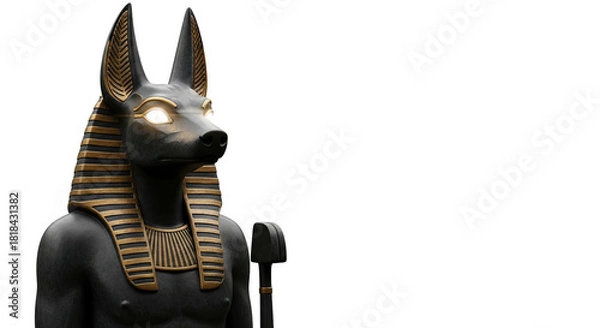 Obraz Close-up of an ancient Egyptian Anubis statue with a jackal head, glowing eyes, and golden accents against a white background.