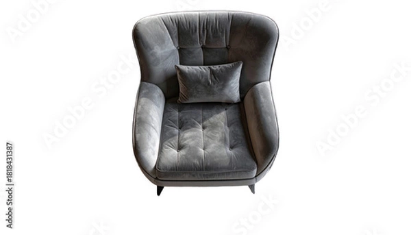 Fototapeta Overhead shot of a plush, button-tufted gray armchair with a matching lumbar pillow