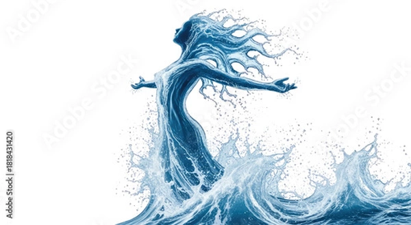 Obraz A majestic figure made of swirling blue water emerges from crashing waves with outstretched arms, symbolizing freedom and fluidity.