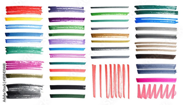 Fototapeta Arranged rows of vibrant, colorful brushstrokes with black outlines on a black background