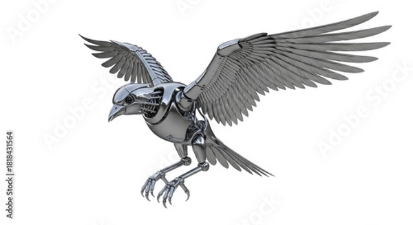 Obraz Detailed 3D rendering of a metallic robotic bird with spread wings, isolated on a white background.