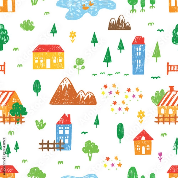 Obraz Pencil drawing seamless pattern. Children drawn crayon village houses, tree, flowers, lake and mountain. Nature countryside print, nursery vector background
