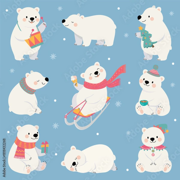 Obraz Cartoon polar bear. Funny white bears, winter animal characters. North pole animals drink tea, sledding, hold gift box, sleeping. Children mascots nowaday vector set