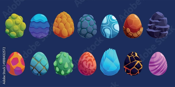 Obraz Cartoon magic eggs. Fantasy creatures egg with decorative vibrant shell. Dragons, dinosaurs, monsters or aliens elements. Fairy tale sapid vector clipart