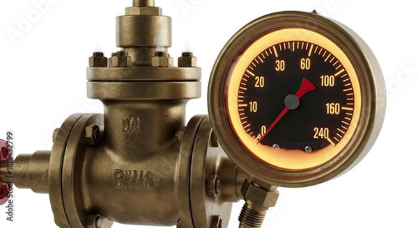 Obraz Close-up of a brass industrial valve with a glowing pressure gauge showing measurements against a white background.