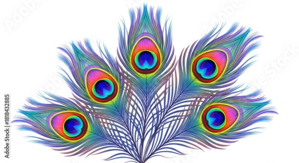 Obraz A vibrant fan of five colorful peacock feathers with iridescent eye patterns on a white background.