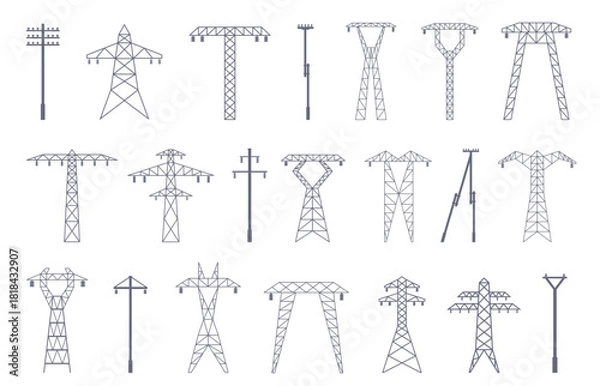 Obraz Electric pylons flat icons. Line poles silhouettes, high voltage pylon. Isolated power transmission infrastructure, energy network elements, sapid vector set