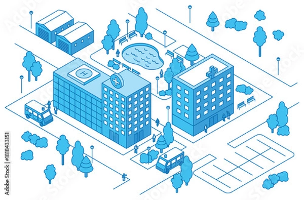 Obraz Isometric hospital. District with clinic, ambulance cars, emergency department. City park with walking people, pond and plants. City architecture nifty vector scene