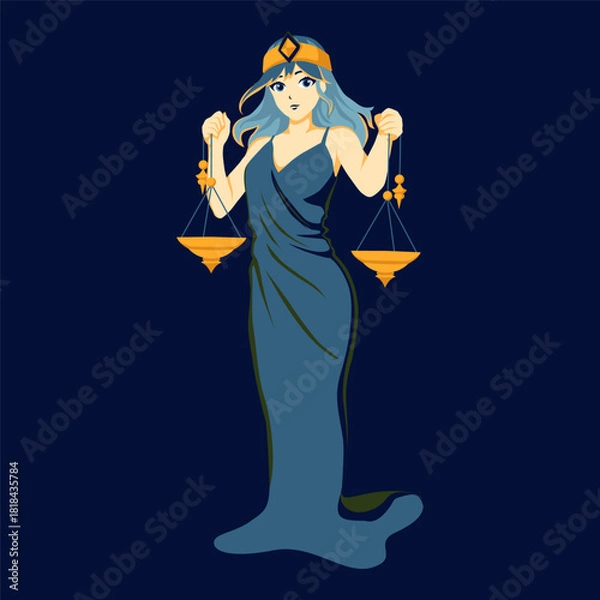 Obraz A beautiful woman holding a golden scale in her hands. Zodiac sign Libra. Vector illustration.