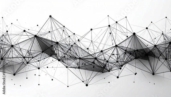 Obraz 白と黒のネットワーク構造が起伏するモノクロ3D抽象背景