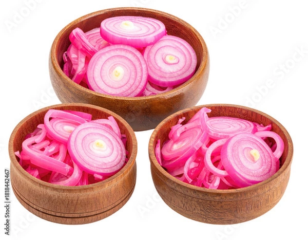 Fototapeta Three wooden bowls, each filled with vibrant, pickled red onion rings on a dark backdrop