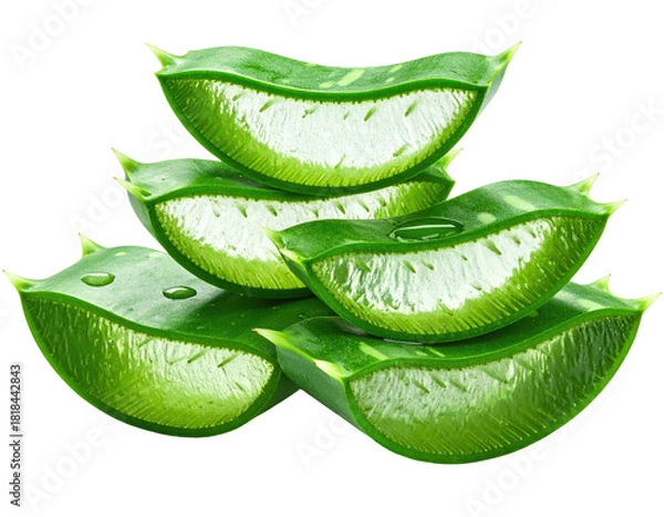 Fototapeta Stacked, freshly cut aloe vera slices showcasing the translucent gel, glossy and bright