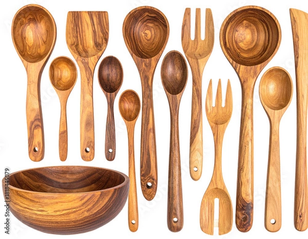 Fototapeta Assortment of wooden kitchen utensils, including spoons, spatulas, and salad servers