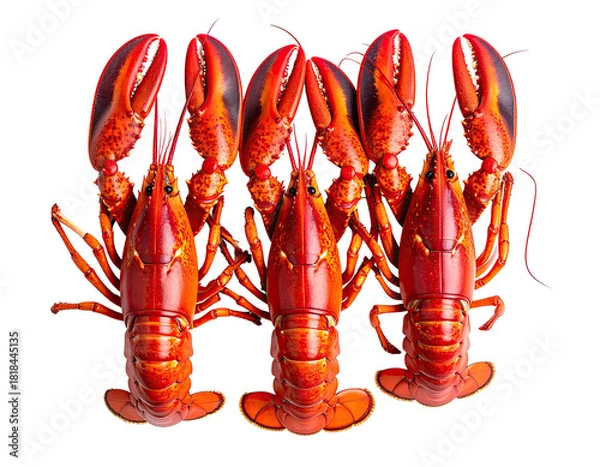 Fototapeta Three cooked, vibrant red crustaceans with outstretched claws against a void backdrop