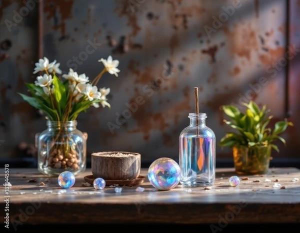 Obraz Still Life with Flowers, Crystals, and Aromatherapy