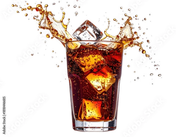 Fototapeta A refreshing beverage with ice cubes, causing a splash. Isolated on black