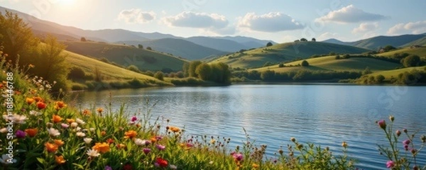Fototapeta Serene Lake Landscape with Wildflowers