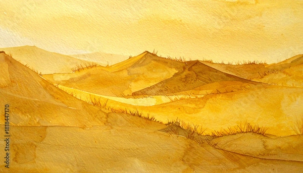 Fototapeta 黄金の砂丘の連なり 草のディテール入り水彩風景