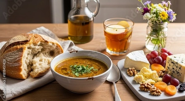 Fototapeta Rustic Soup and Bread Meal with Cheese Board and Fruit Beverage Wholesome Lunch Arrangement on Wooden Table Country Style Food Display with Fresh Ingredients