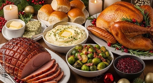 Obraz Festive holiday spread featuring roasted turkey glazed ham mashed potatoes dinner rolls brussel sprouts and cranberry sauce on wooden table for family gathering celebration