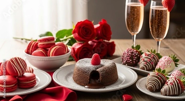 Obraz Elegant Dessert Selection Featuring Molten Lava Cake with Macarons Roses and Chocolate Covered Strawberries Perfect for an Anniversary Celebration with Sparkling Beverages