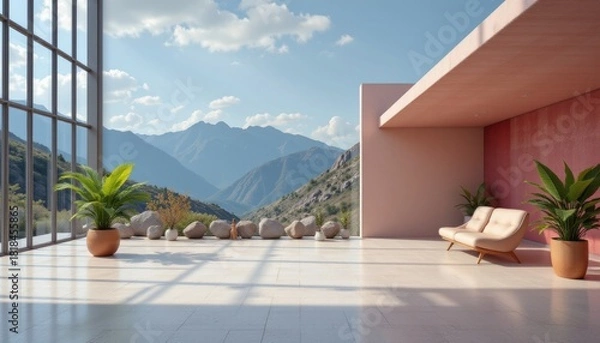 Fototapeta Minimalist Interior with Mountain View