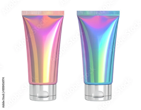 Fototapeta Two iridescent tubes with silver caps stand against black