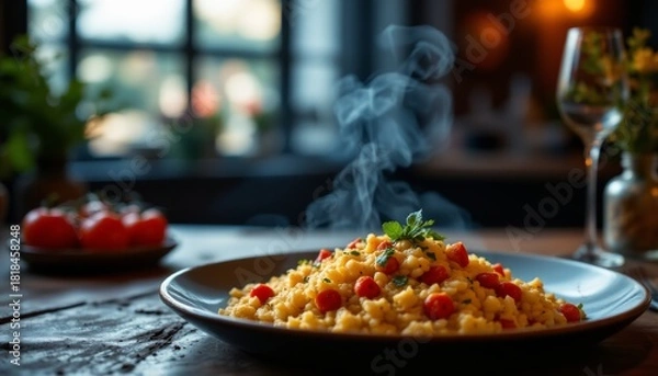 Fototapeta Steaming Couscous Dish with Cherry Tomatoes