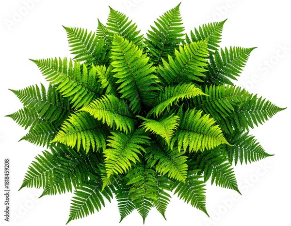 Fototapeta Top-down view of a lush green fern, its fronds radiating outward from a central point