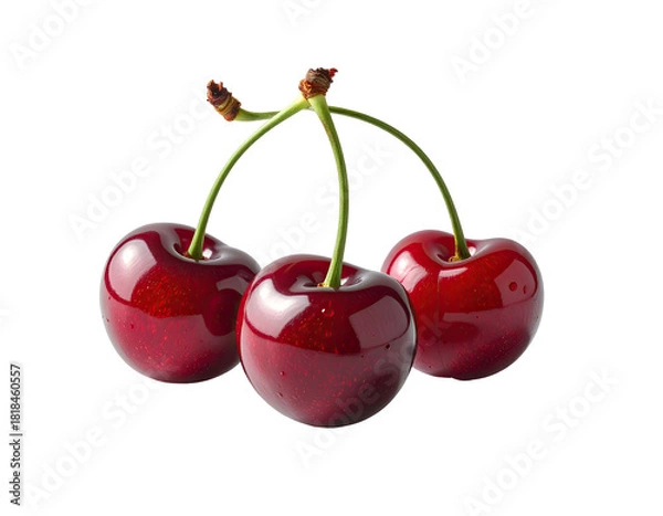 Fototapeta Three vibrant red cherries, glistening, attached to a green stem against black