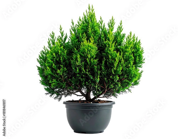 Fototapeta A small evergreen shrub with dense, green foliage, potted against a black backdrop