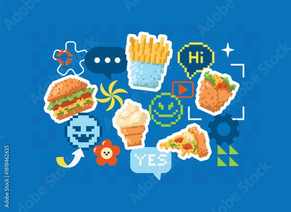 Obraz Y2K stickers, patches, tags, emblems. 8-bit pixel art, brutalism, and groovy style set. Hamburger, flower, speech bubbles, funny emoji, pizza, french fries, shapes, ice cream