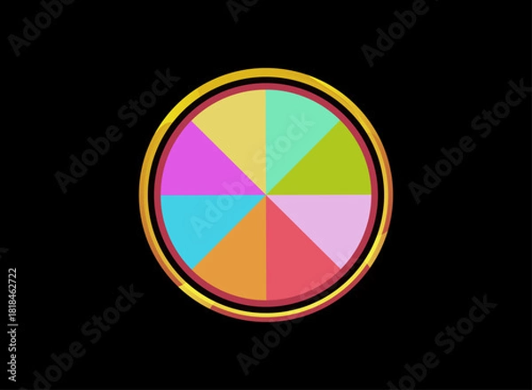 Fototapeta Colorful lucky spin wheel with bright segments and golden rim for game UI, vibrant reward spinner, lottery wheel, fortune spin design for mobile games, casual games, and reward system interface