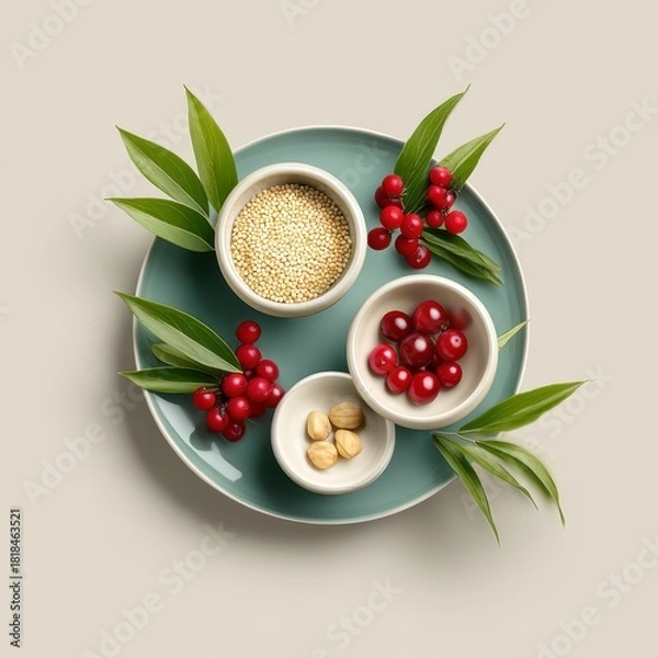 Obraz Balanced plates showcase vibrant ingredients for healthy eating in an artistic arrangement. Veganuary Day