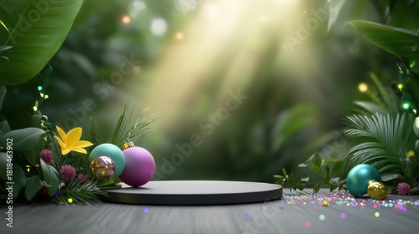 Fototapeta Wooden table with a round platform and a bunch of colorful balls on it