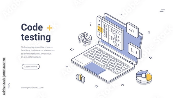 Obraz Code testing and software development programming concept with laptop screen showing syntax blocks and quality assurance tools. Modern isometric web banner vector template for tech website