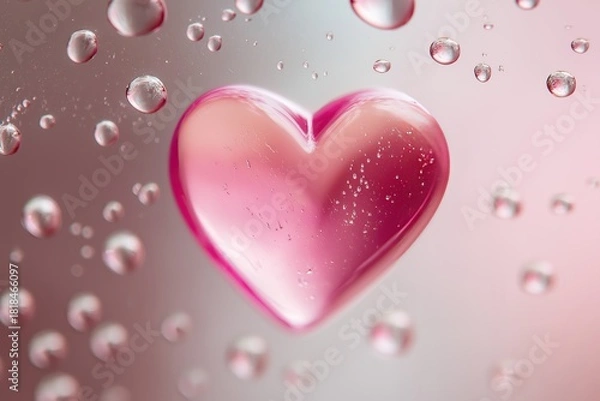 Obraz Feminine heart symbol behind raindrops on a sunlit window with pink and red colors, ideal for emotional storytelling projects.