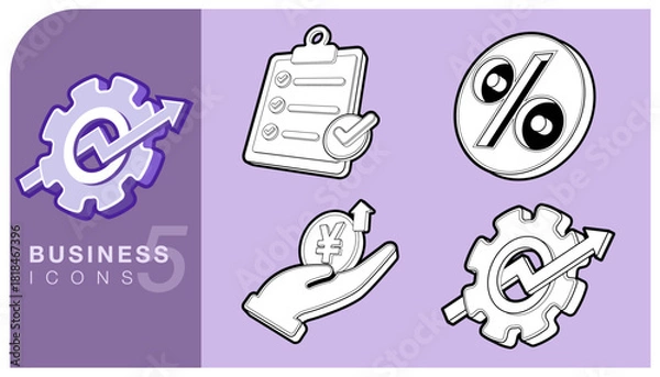 Fototapeta 3D line art business icons, representing key concepts: process optimization, efficiency Gear, Arrow, Checklist and Clipboard, interest rates Percent, and profit, investment ,Yen money. Vector EPS.