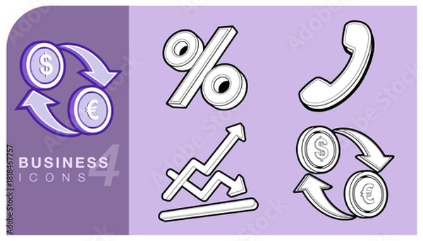 Fototapeta Set 3D line art business and finance icon, representing currency exchange (Dollar, Euro), interest rates (Percent), communication (Phone) and market volatility, stock trends. For digital projects.