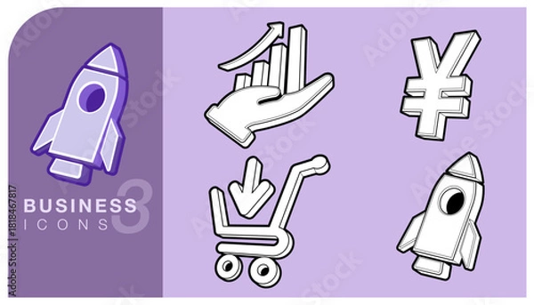 Fototapeta Set of modern line art business and finance 3d icons, featuring concepts like startup, growth chart, money Yen, Yuan and shopping, e-commerce. Perfect for web, apps, marketing and presentations.