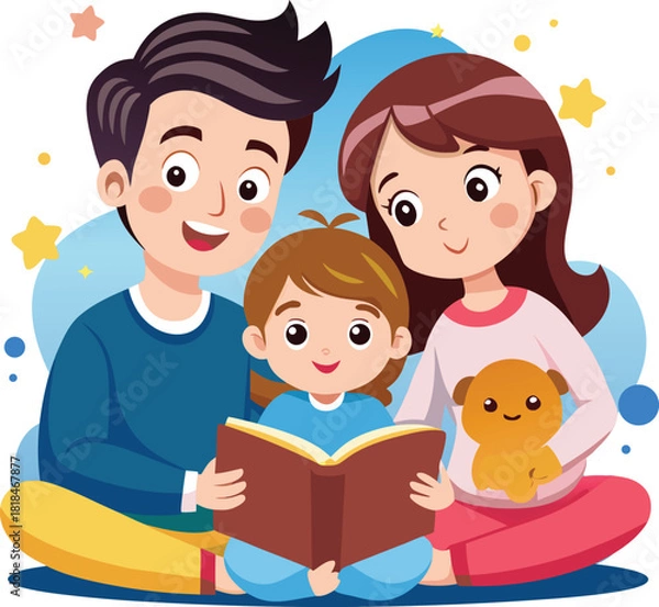 Obraz Parents and Child in Pajamas Reading Story Book Together, Mother Holding Teddy Bear, Surrounded by Decorative Stars, Cartoon Vector